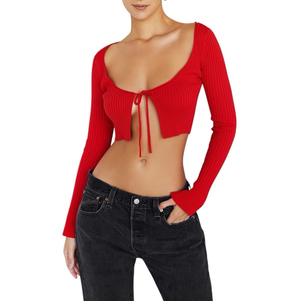 Mistress Rocks Cropped Ribbed Tenderness Cardigan Sweater Red Sz S